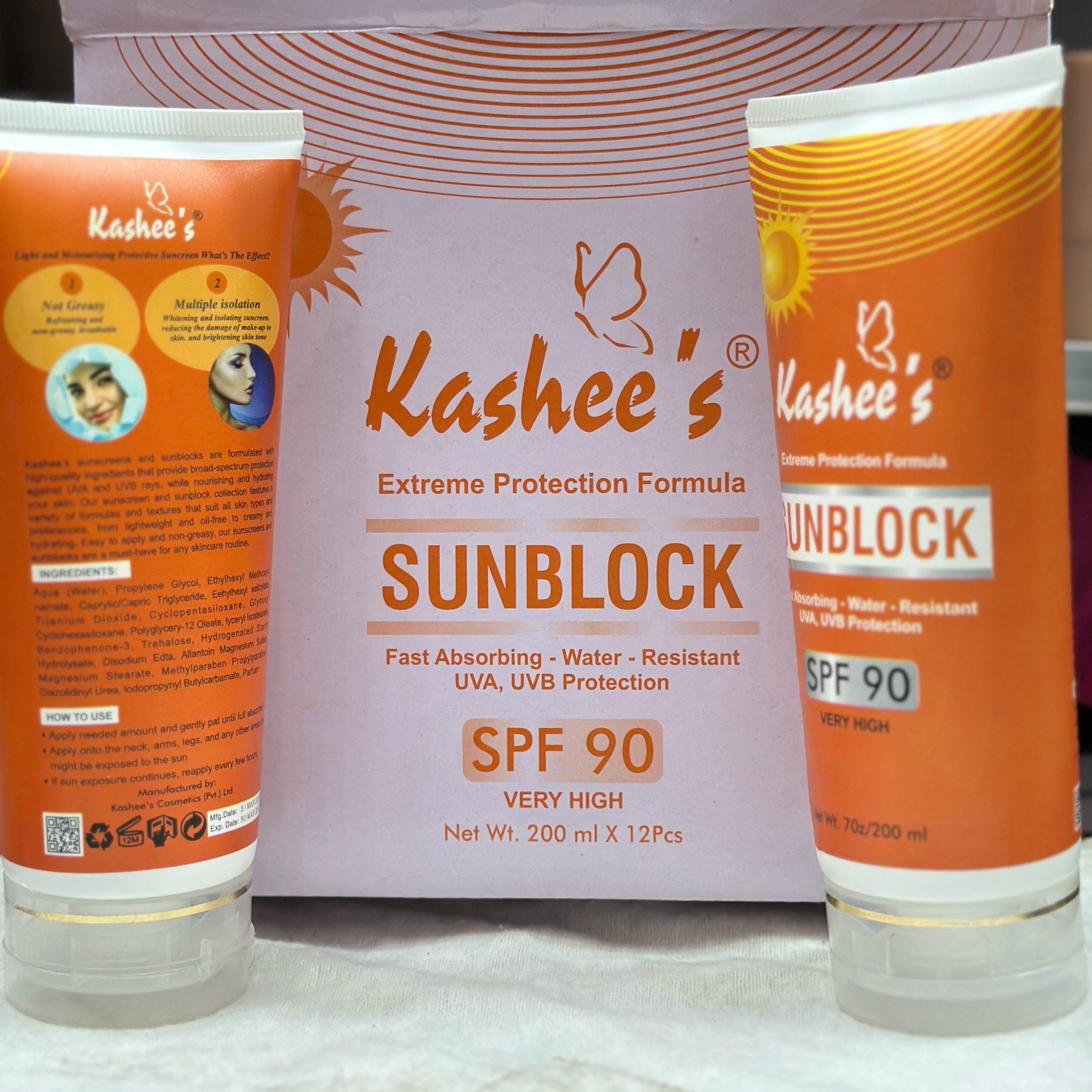 01 Pc Kashee’s Sunblock SPF 90 – Extreme Protection Formula | Fast Absorbing Water Resistant UVA, UVB Protection 200ml