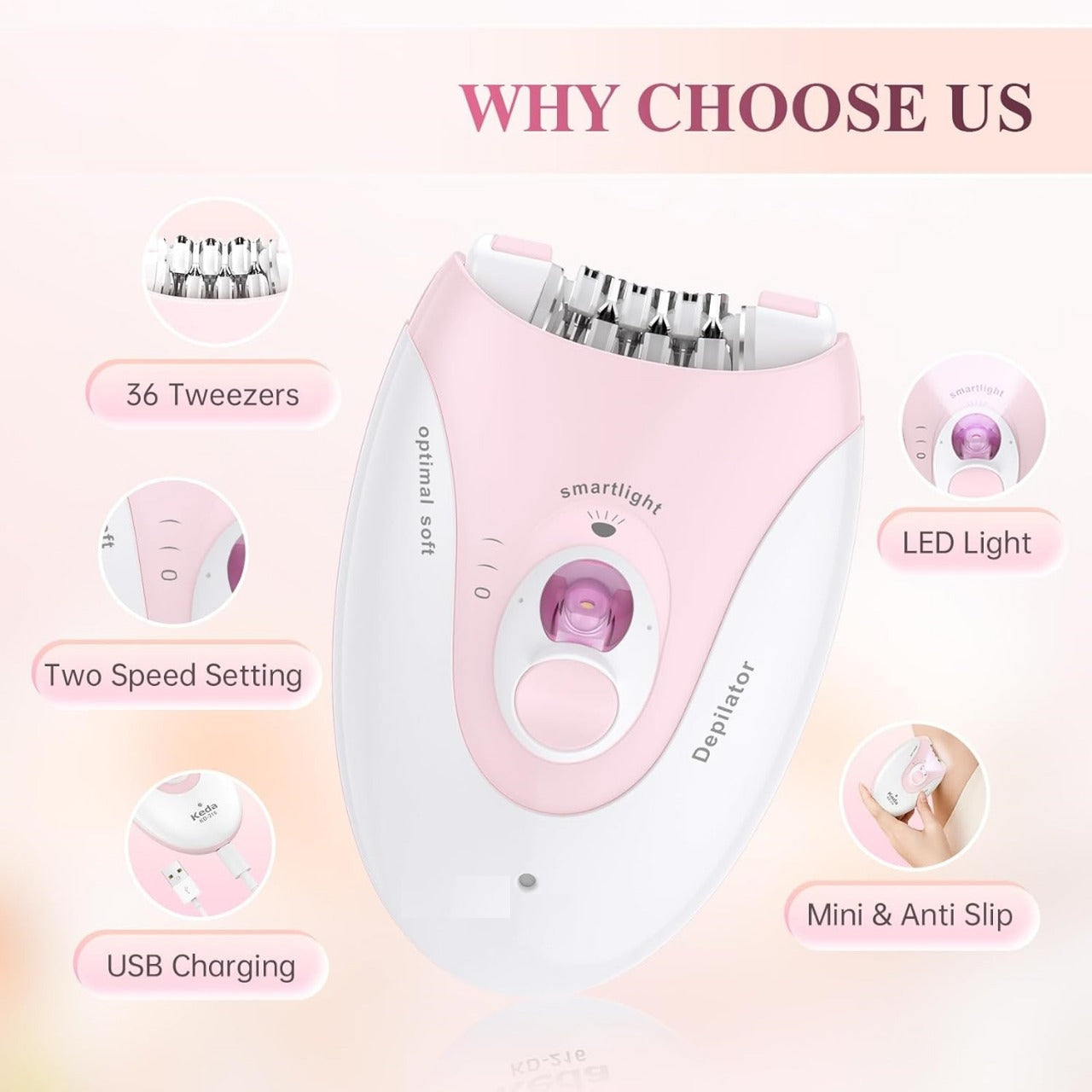 Daling DL-6032 Cordless Ladies Epilator with 2-Speed Adjustment, Painless Hair Removal, Rechargeable, Compact and Easy to Use for Legs, Arms, Underarms